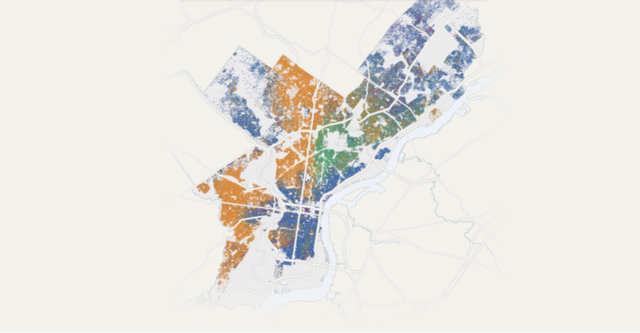 Figure 1 (Key: Blue: white residents, Orange: Black residents, Green: Hispanic residents, Purple: Asian residents, Yellow: Other) (DeMoe, Duchneskie).